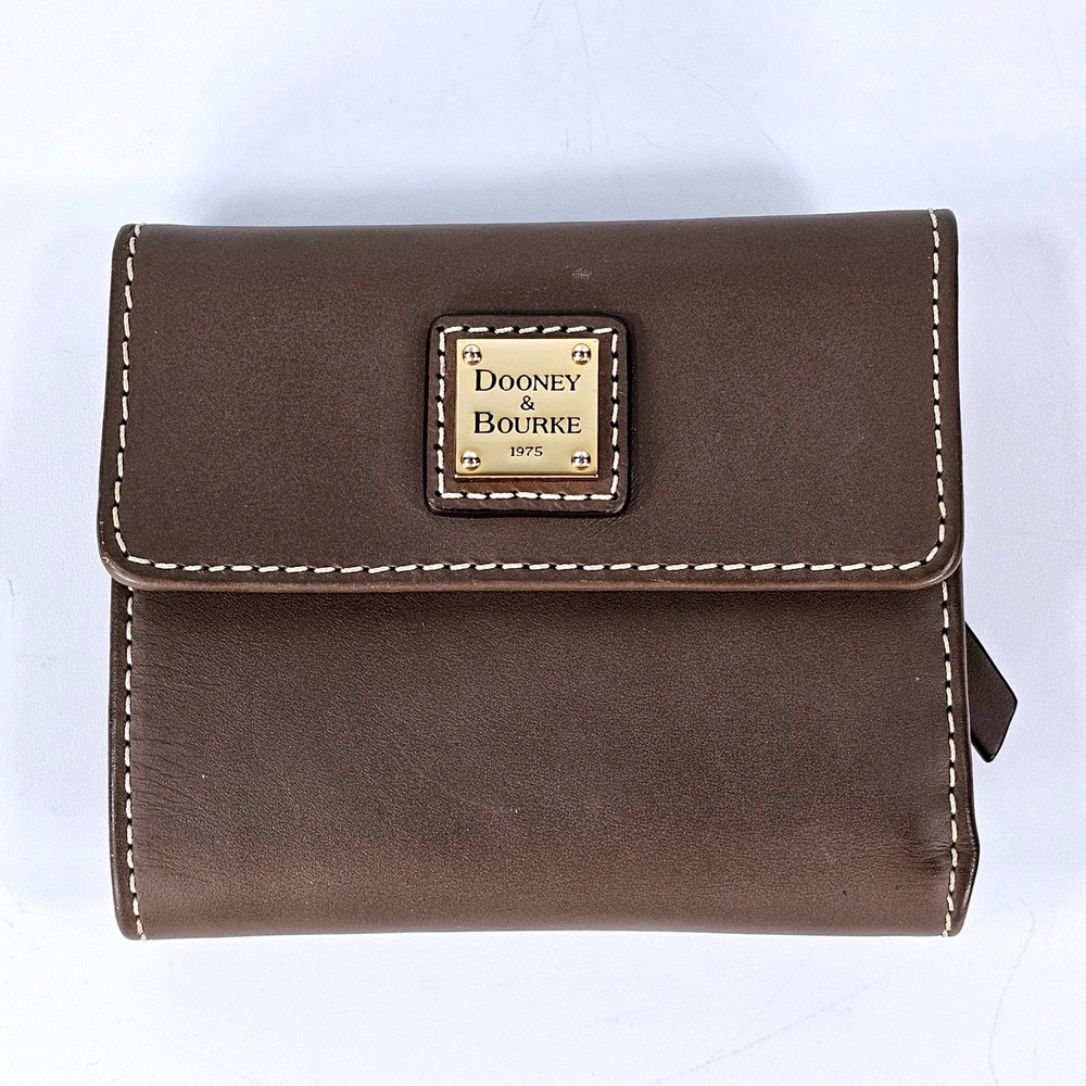 Dooney & Bourke Brown Leather Trifold Wallet Gold Logo Plate Contrast Stitch